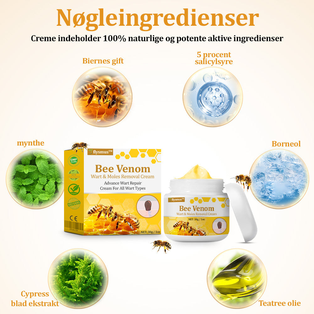 🐝 flysmus™ Starke Bienengiftcreme, zertifiziert von der Dänischen Dermatologischen Gesellschaft (DDS) - Hilft bei hartnäckigen Warzen, Hautwucherungen, Hautläsionen, Infektionen, Narbenbildung und gleicht Unebenheiten aus hud👨⚕️