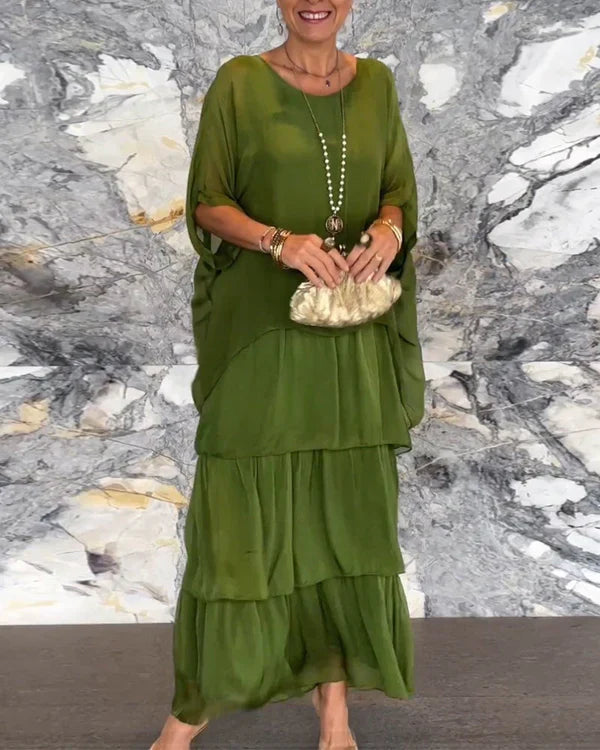 Chiffon ärmelloses Dolman-Ärmel Rundhalsausschnitt Langes Kleid