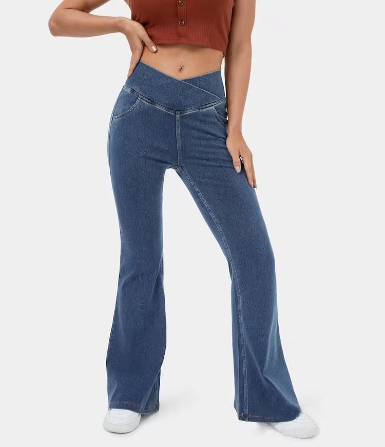 LAST DAY SALE 49% OFFđ„Hohe Taille mit gekreuzten Taschen Stretchig gestrickte lĂ€ssige Schlagjeans