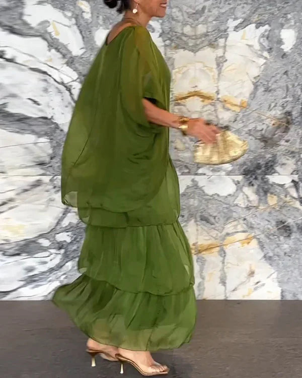 Chiffon ärmelloses Dolman-Ärmel Rundhalsausschnitt Langes Kleid