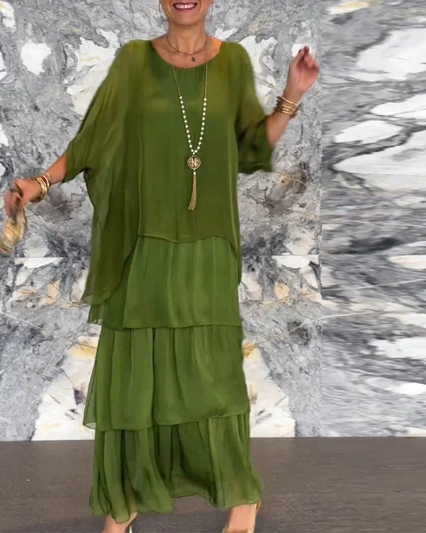 Chiffon ärmelloses Dolman-Ärmel Rundhalsausschnitt Langes Kleid