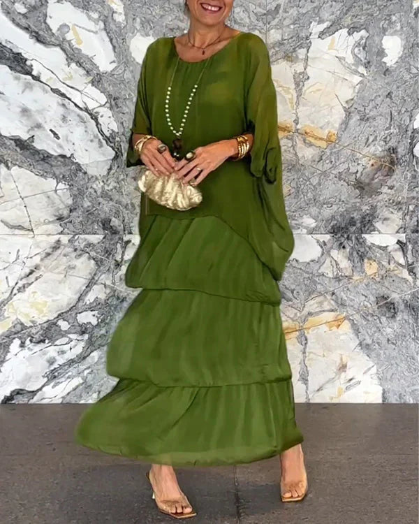 Chiffon ärmelloses Dolman-Ärmel Rundhalsausschnitt Langes Kleid
