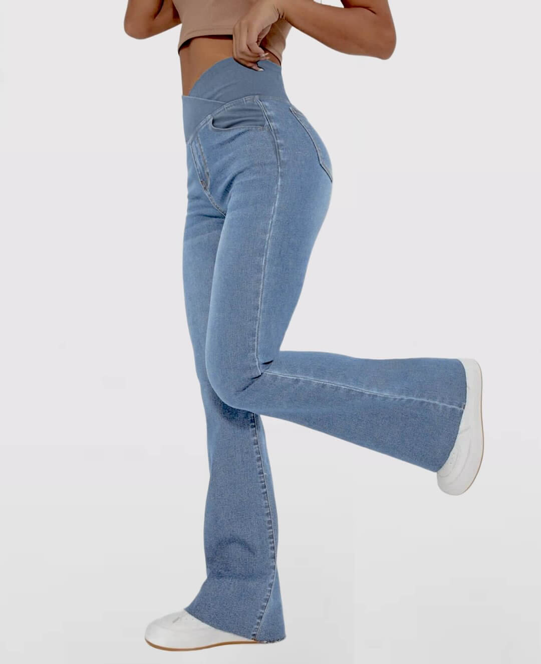 LAST DAY SALE 49% OFFđ„Hohe Taille mit gekreuzten Taschen Stretchig gestrickte lĂ€ssige Schlagjeans