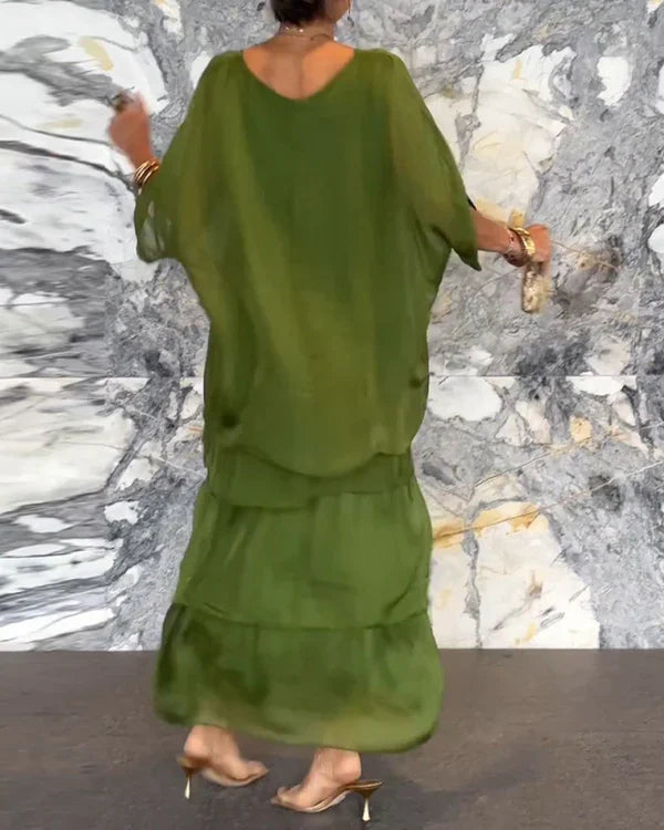 Chiffon ärmelloses Dolman-Ärmel Rundhalsausschnitt Langes Kleid