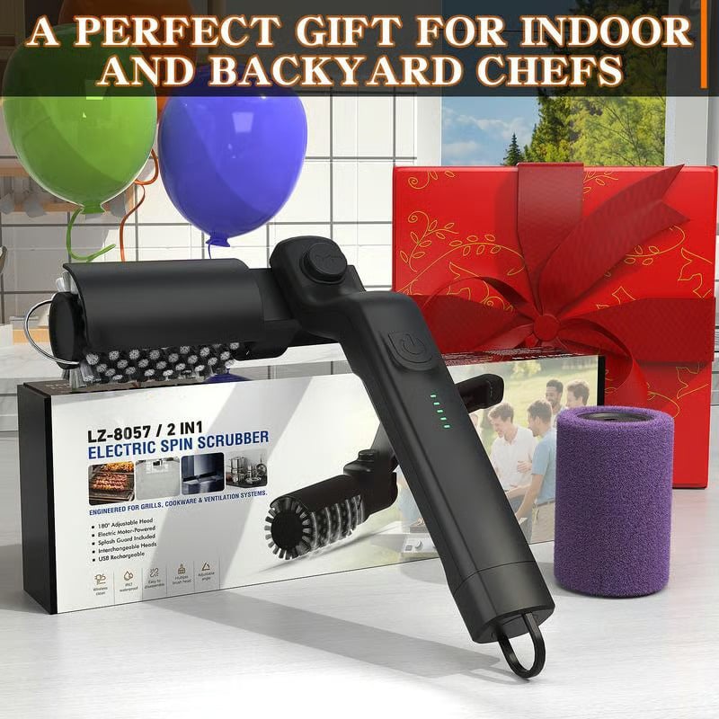 (Gratis frakt)🔥Elektrisk grillbørste, trådløs og oppladbar, rustfritt stålbørste, to rengjøringsbørster, justerbar vinkel