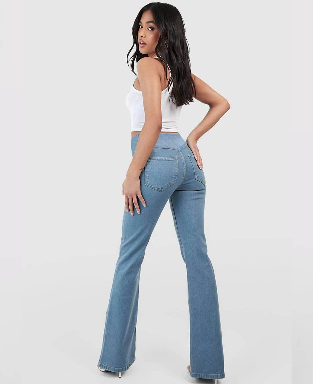 LAST DAY SALE 49% OFFđ„Hohe Taille mit gekreuzten Taschen Stretchig gestrickte lĂ€ssige Schlagjeans