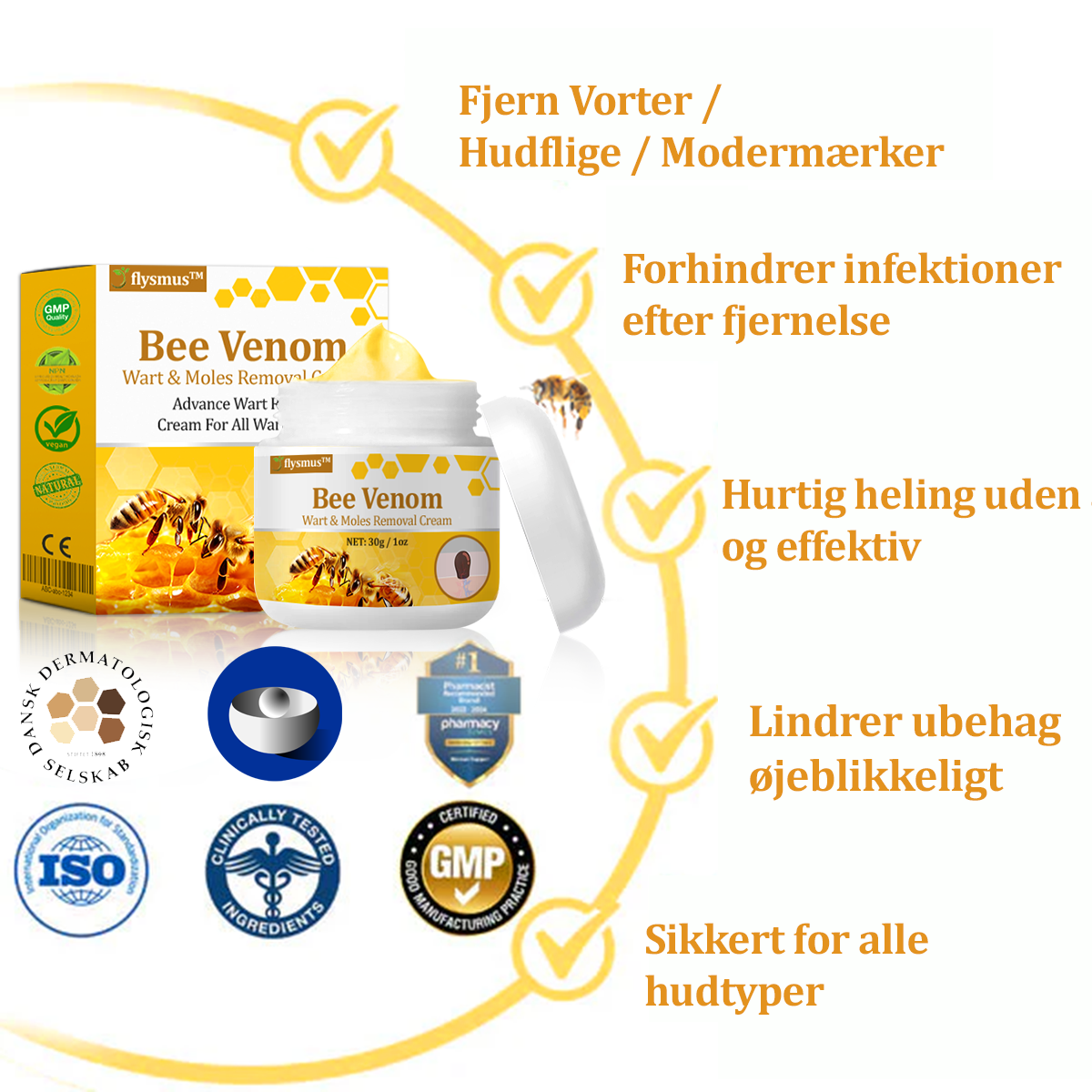 🐝 flysmus™ Starke Bienengiftcreme, zertifiziert von der Dänischen Dermatologischen Gesellschaft (DDS) - Hilft bei hartnäckigen Warzen, Hautwucherungen, Hautläsionen, Infektionen, Narbenbildung und gleicht Unebenheiten aus hud👨⚕️