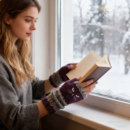 🐱 Niedliche Strickhandschuhe für Damen mit Katzenmotiv – für warme Hände und freie Finger🧶