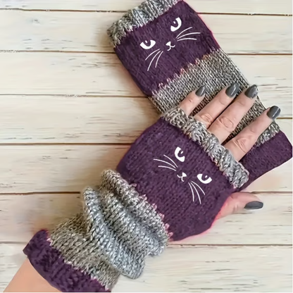 🐱 Niedliche Strickhandschuhe für Damen mit Katzenmotiv – für warme Hände und freie Finger🧶