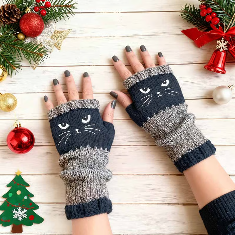 🐱 Niedliche Strickhandschuhe für Damen mit Katzenmotiv – für warme Hände und freie Finger🧶