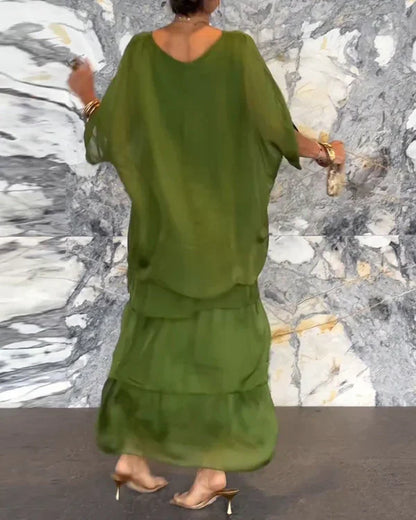 Chiffon ärmelloses Dolman-Ärmel Rundhalsausschnitt Langes Kleid