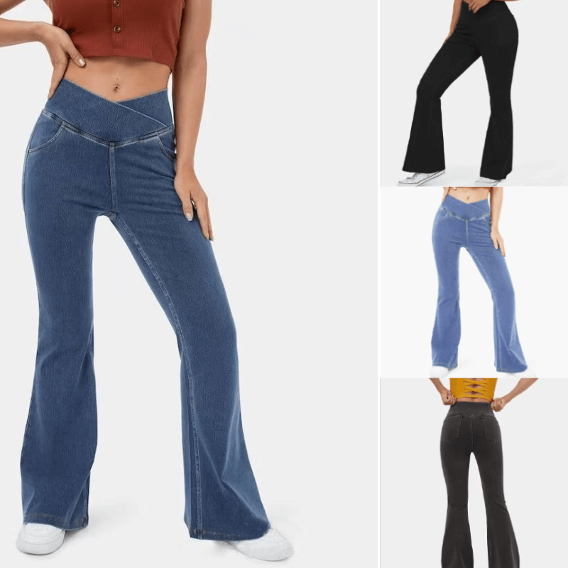 LAST DAY SALE 49% OFF🔥Hohe Taille mit gekreuzten Taschen Stretchig gestrickte lässige Schlagjeans